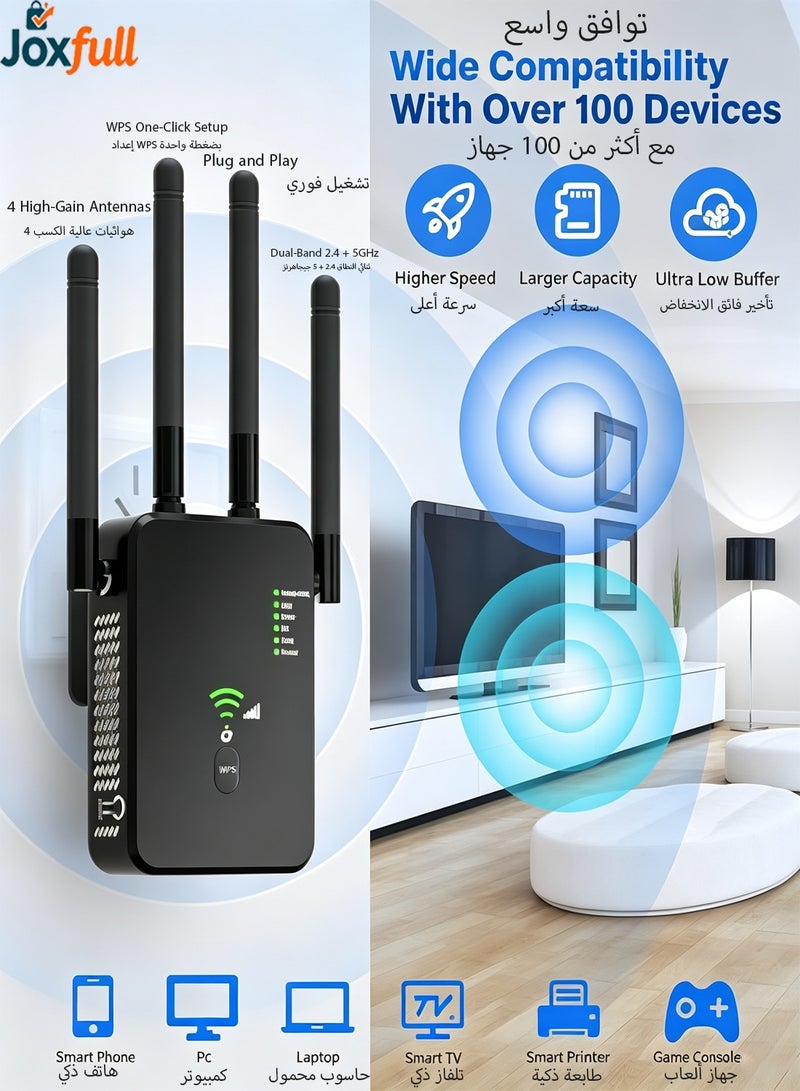 Joxfull 300Mbps 2.4GHz + 5GHz Dual-Band WiFi Range Extender, Wireless WiFi Repeater & Router, WPS One-Click Setup, Wired & Wireless Signal Booster, Black - Image 4