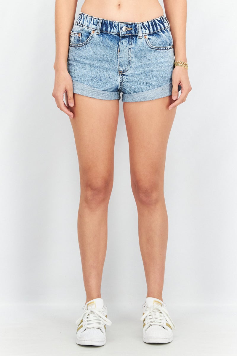 ASOS Women Petite Washed Mom Denim Shorts, Light Blue - Image 1