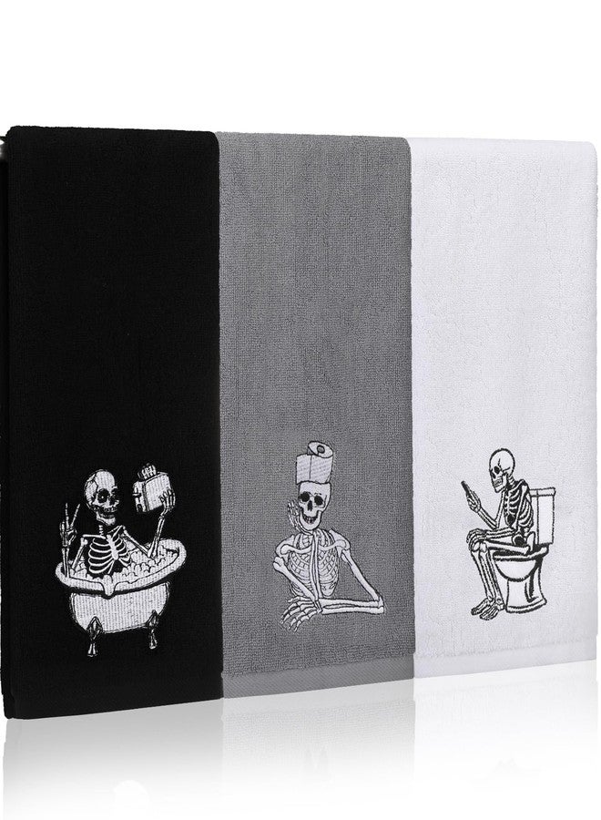 Breling 3 Pcs Kitchen Hand Towels 13.3 x 29 Inch Towels for Bathroom Cotton Soft Embroidered Home Decoration for Goth Kitchen Halloween Birthday Gifts(Cool Tones,Skeleton) - Image 1