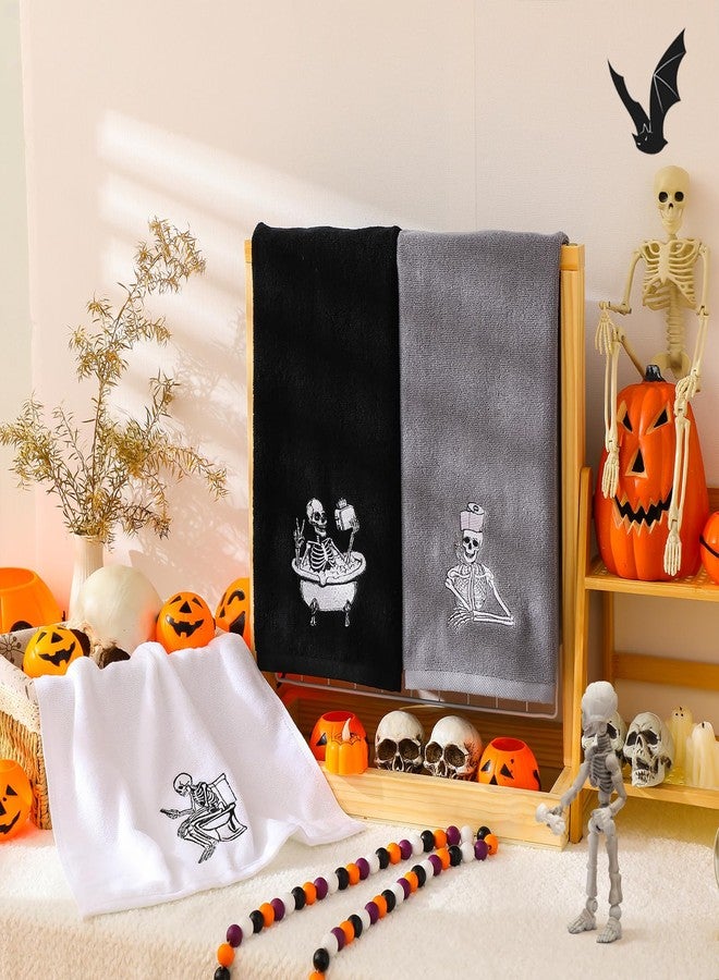 Breling 3 Pcs Kitchen Hand Towels 13.3 x 29 Inch Towels for Bathroom Cotton Soft Embroidered Home Decoration for Goth Kitchen Halloween Birthday Gifts(Cool Tones,Skeleton) - Image 2