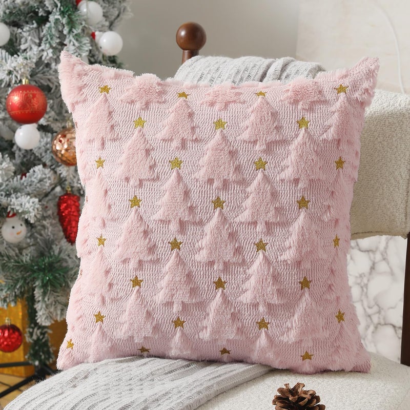 Allorry أغطية وسادة عيد الميلاد Allorry 16 × 16 بوصة مجموعة وسادة شجرة عيد الميلاد الوردي ، زخارف أفخم فور الفراء الناعم لحالة وسادة ناعمة لفصل الشتاء - Image 3