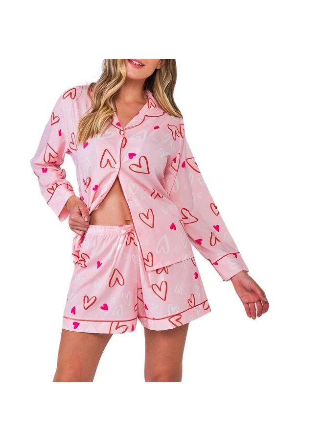 Passec Womens Valentin's Day Pajamas Shorts Set Two-piece Pj Sets Heart Print Sleepwear Loungewear Button-Down 2 Piece Pjs Set - Image 1