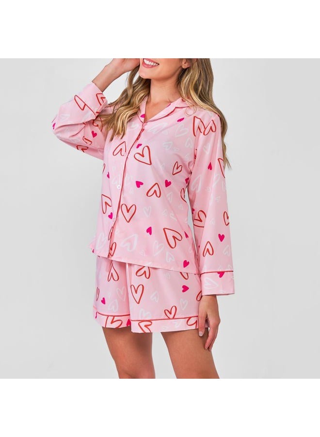 Passec Womens Valentin's Day Pajamas Shorts Set Two-piece Pj Sets Heart Print Sleepwear Loungewear Button-Down 2 Piece Pjs Set - Image 3