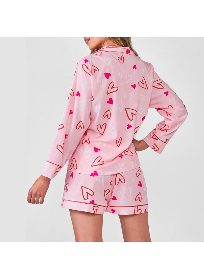 Passec Womens Valentin's Day Pajamas Shorts Set Two-piece Pj Sets Heart Print Sleepwear Loungewear Button-Down 2 Piece Pjs Set - Image 4