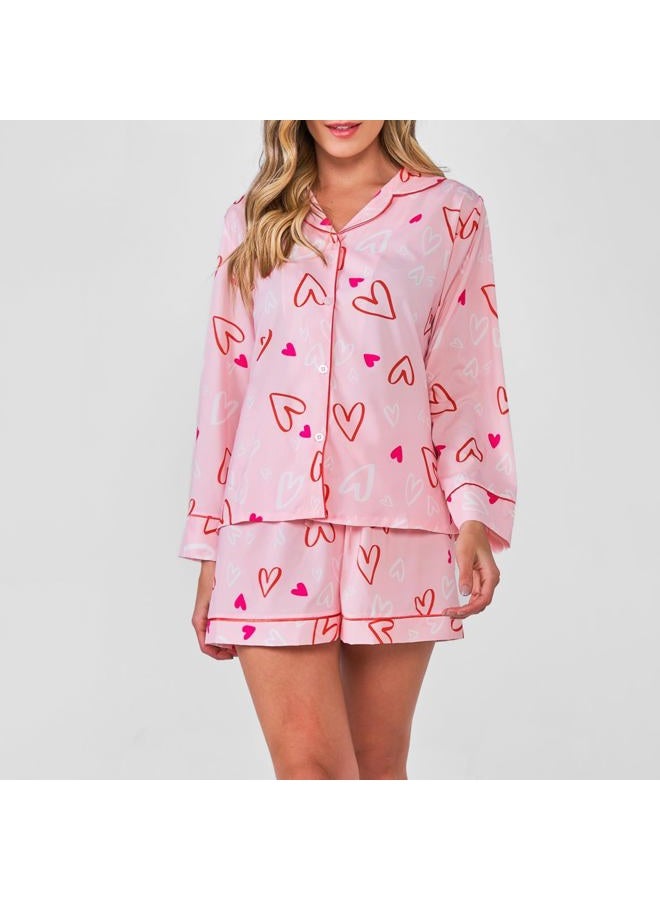Passec Womens Valentin's Day Pajamas Shorts Set Two-piece Pj Sets Heart Print Sleepwear Loungewear Button-Down 2 Piece Pjs Set - Image 2