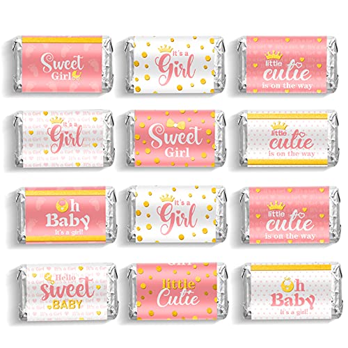 Baby Shower Candy Wrappers Mini Candy Bar Miniatures Wrappers Chocolate Bar Label Stickers for Baby Shower Decor90 PiecesPink Girl Style