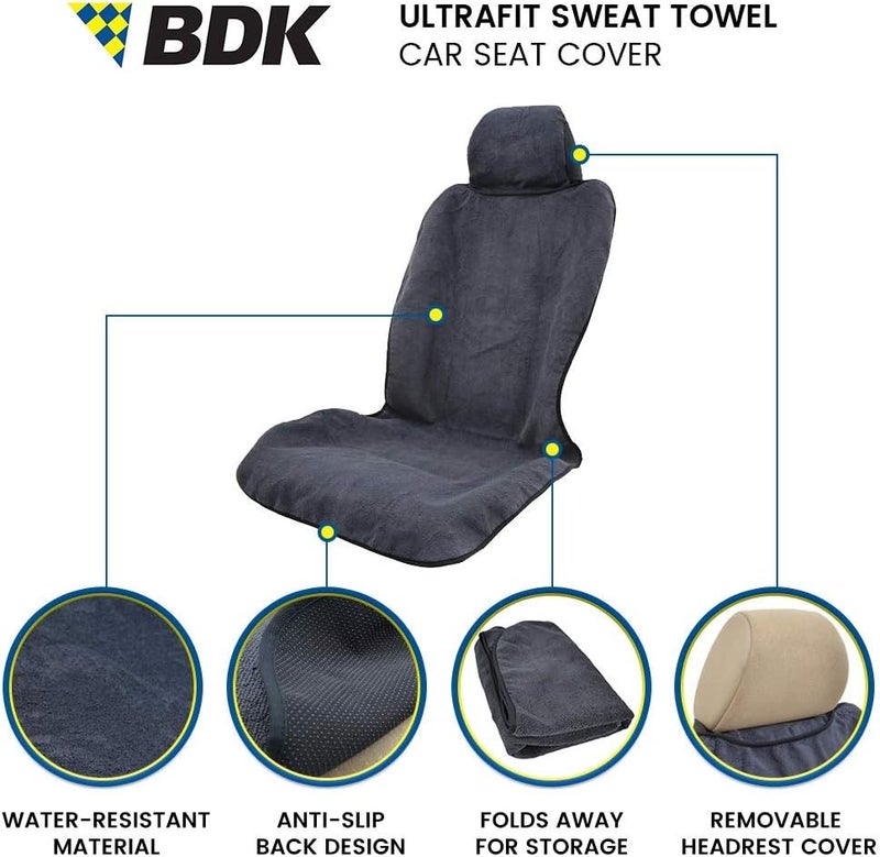 BDK UltraFit Car Seat Towel Cover, 2 Pack with Gray Trim – Waterproof Sweat Protector for Active Lifestyles - Image 2