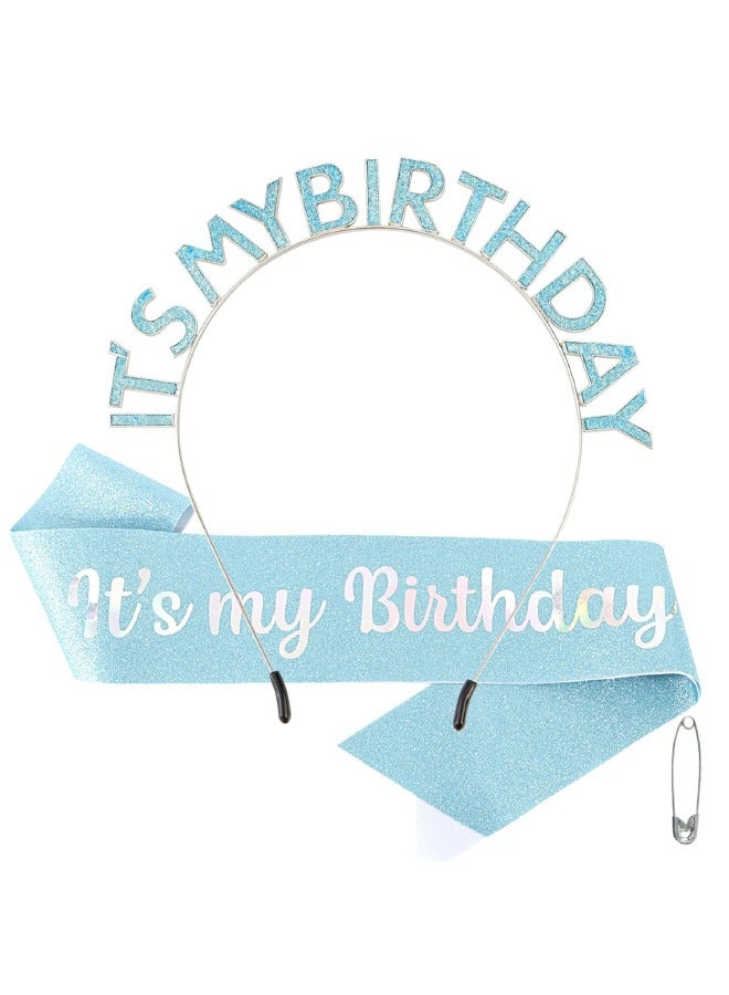 Birthday Girl Sash & Headband Set, Birthday Crowns for Women, IT'S MY BIRTHDAY Headband & ITS MY BIRTHDAY Sash for Girl, Birthday Headband for Women Parties Favors Gift (Blue) - Image 1