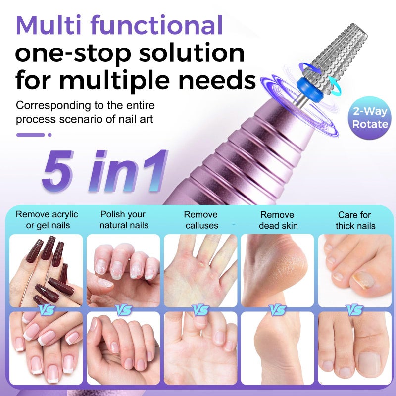 Fantexy 5 in 1 Nail Drill Bits,Professional 3/32" Shank Tungsten Steel Bits for Acrylic Nails,Manicure,Nail Art,Drill Machine,Both Left and Right Handed - Two Way Rotate Use (Medium - M) - Image 4