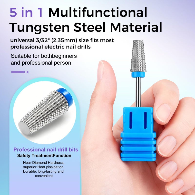 Fantexy 5 in 1 Nail Drill Bits,Professional 3/32" Shank Tungsten Steel Bits for Acrylic Nails,Manicure,Nail Art,Drill Machine,Both Left and Right Handed - Two Way Rotate Use (Medium - M) - Image 2