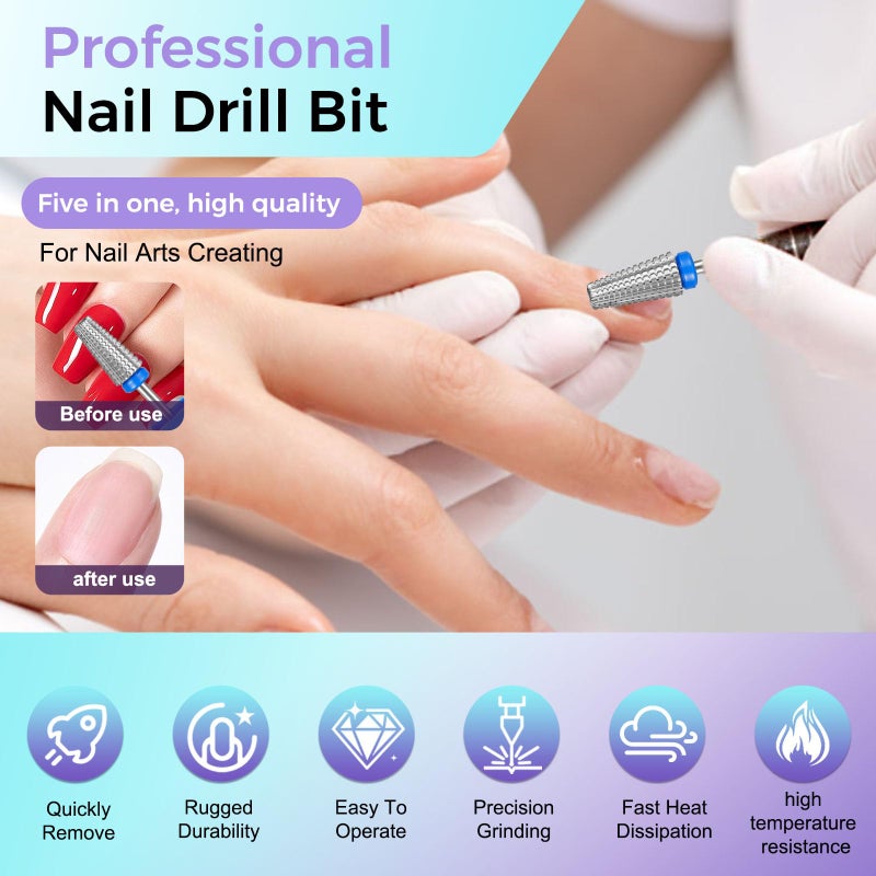 Fantexy 5 in 1 Nail Drill Bits,Professional 3/32" Shank Tungsten Steel Bits for Acrylic Nails,Manicure,Nail Art,Drill Machine,Both Left and Right Handed - Two Way Rotate Use (Medium - M) - Image 3