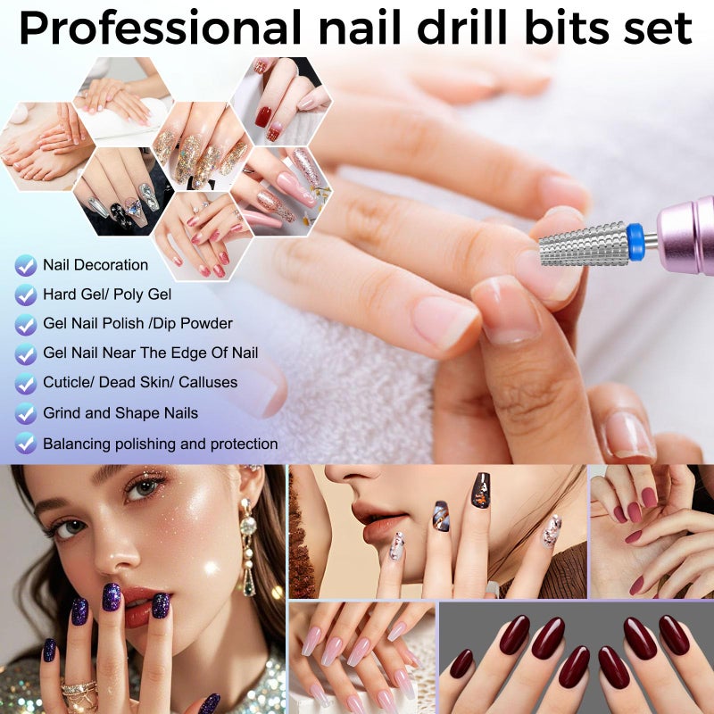 Fantexy 5 in 1 Nail Drill Bits,Professional 3/32" Shank Tungsten Steel Bits for Acrylic Nails,Manicure,Nail Art,Drill Machine,Both Left and Right Handed - Two Way Rotate Use (Medium - M) - Image 5
