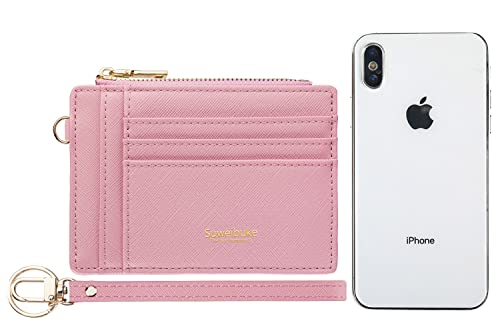 Wikavanli Women Slim Rfid Blocking Credit Card Case Holder Wristlet Zip ID Case Wallet Small Compact Leather Wallet Coin Purse with Keychain (Pink) - Image 3