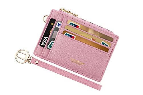 Wikavanli Women Slim Rfid Blocking Credit Card Case Holder Wristlet Zip ID Case Wallet Small Compact Leather Wallet Coin Purse with Keychain (Pink) - Image 1