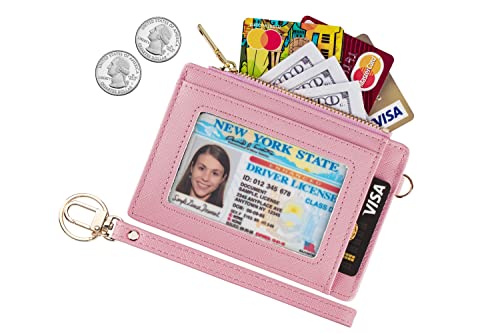 Wikavanli Women Slim Rfid Blocking Credit Card Case Holder Wristlet Zip ID Case Wallet Small Compact Leather Wallet Coin Purse with Keychain (Pink) - Image 2