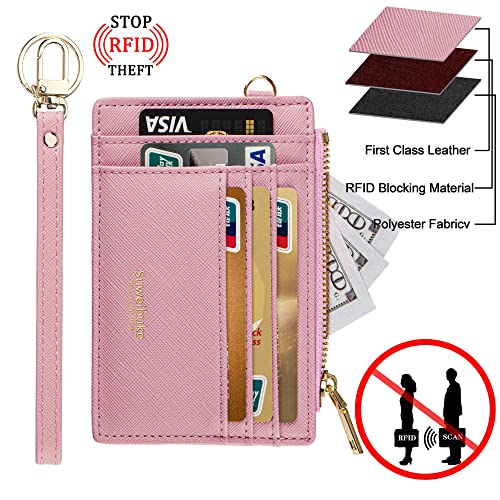 Wikavanli Women Slim Rfid Blocking Credit Card Case Holder Wristlet Zip ID Case Wallet Small Compact Leather Wallet Coin Purse with Keychain (Pink) - Image 4