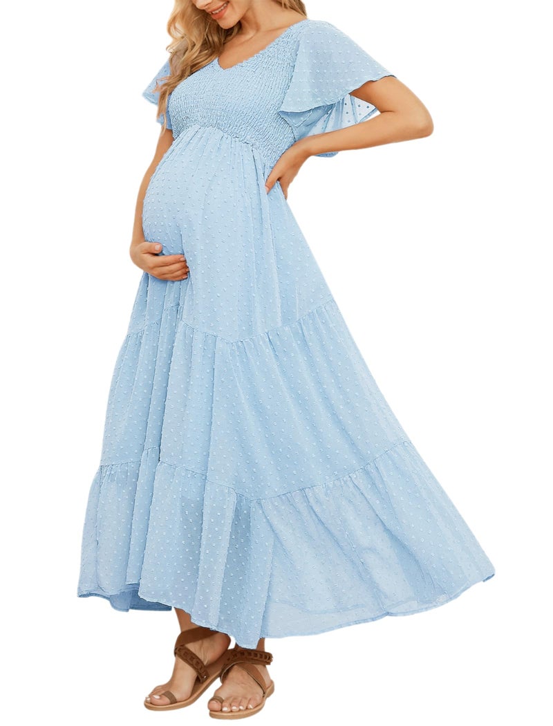 guruixu Swiss Dot Matemity Dress, V Neck Ruffle Sleeve Maternity Dresses for Photoshoot Baby Shower, Smocked Tiered Pregnancy Dress Sky Blue - Image 1