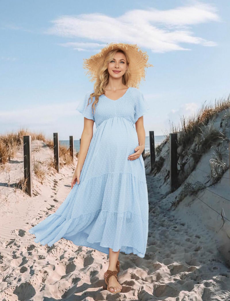 guruixu Swiss Dot Matemity Dress, V Neck Ruffle Sleeve Maternity Dresses for Photoshoot Baby Shower, Smocked Tiered Pregnancy Dress Sky Blue - Image 5