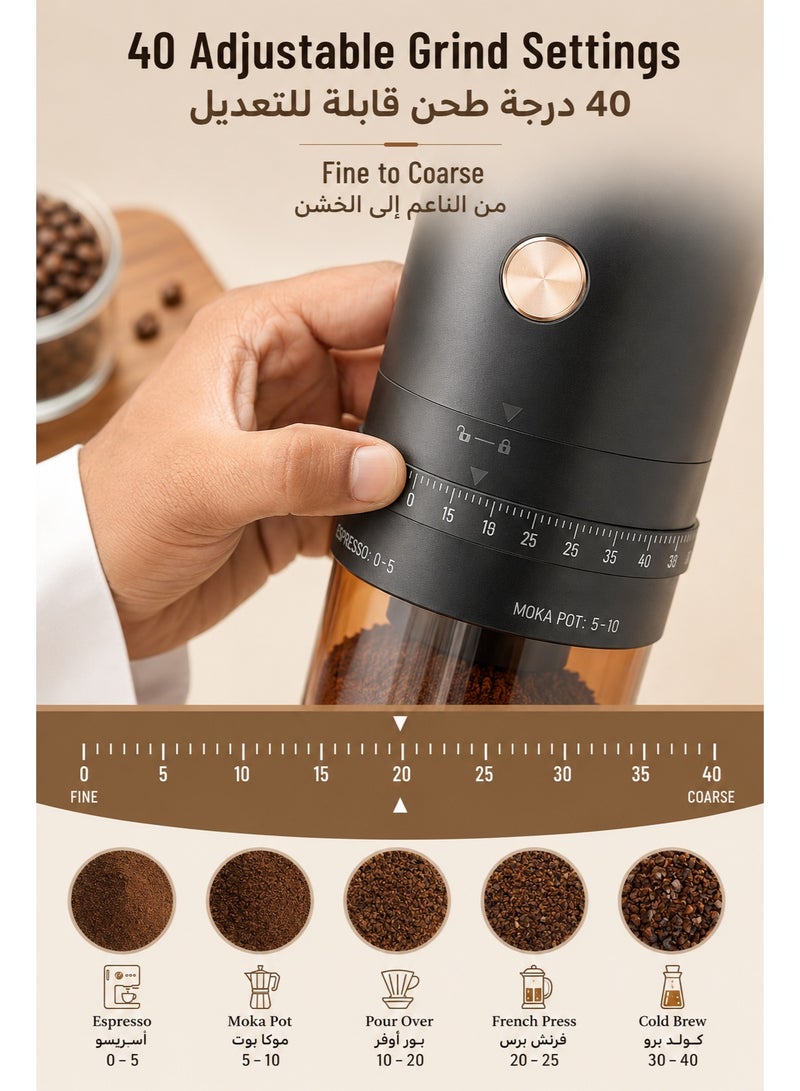 Portable Electric Coffee Grinder， Upgraded External Adjustable 40 Levels Fine to Coarse Settings, Stainless Steel Conical Burr Rechargeable and Faster Grinding for Office,Home,Camping,Travel,Black - Image 4