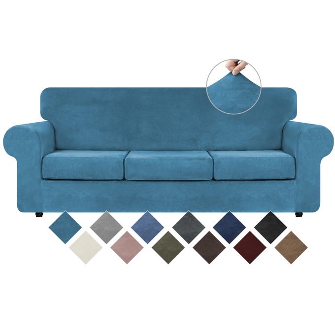 4 Pieces Velvet High Stretch Couch Covers for 3 Cushion Couch Sofa Slipcovers Washable Furniture Protector with Non Slip Elastic Bottom Feature Soft Plush Fabric Peacock Blue Large