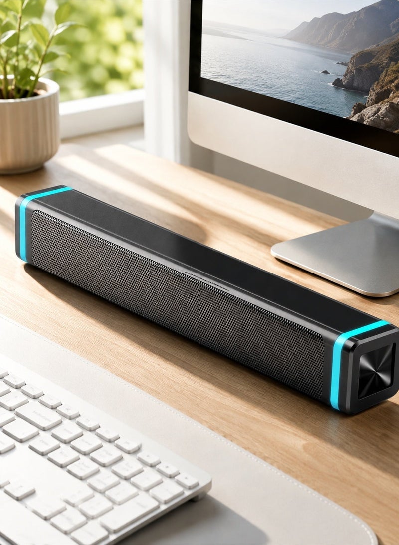صدى مكبر صوت سلكي مطور يعمل بمنفذ USB على شكل قضيب مزين بإضاءة LED بلون أزرق جليدي، مزود بمحركي صوت ستيريو بقاعدة باس عميقة وصوت محيط عالي النقاء، يعمل فور التوصيل بدون إعدادات، متوافق مع أجهزة الكمبيوتر المكتبي والمحمول والشاشات والتلفزيونات الذكية، نظام صوت مسرح منزلي للألعاب والأفلام والموسيقى في الغرف والمكاتب - Image 1