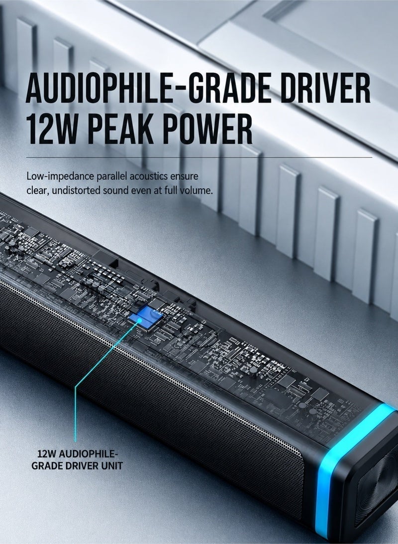 صدى مكبر صوت سلكي مطور يعمل بمنفذ USB على شكل قضيب مزين بإضاءة LED بلون أزرق جليدي، مزود بمحركي صوت ستيريو بقاعدة باس عميقة وصوت محيط عالي النقاء، يعمل فور التوصيل بدون إعدادات، متوافق مع أجهزة الكمبيوتر المكتبي والمحمول والشاشات والتلفزيونات الذكية، نظام صوت مسرح منزلي للألعاب والأفلام والموسيقى في الغرف والمكاتب - Image 2
