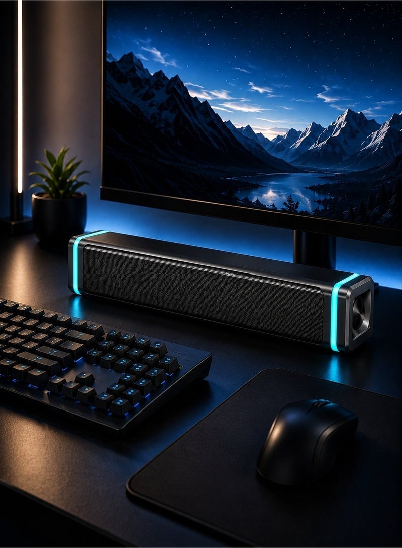 صدى مكبر صوت سلكي مطور يعمل بمنفذ USB على شكل قضيب مزين بإضاءة LED بلون أزرق جليدي، مزود بمحركي صوت ستيريو بقاعدة باس عميقة وصوت محيط عالي النقاء، يعمل فور التوصيل بدون إعدادات، متوافق مع أجهزة الكمبيوتر المكتبي والمحمول والشاشات والتلفزيونات الذكية، نظام صوت مسرح منزلي للألعاب والأفلام والموسيقى في الغرف والمكاتب - Image 3