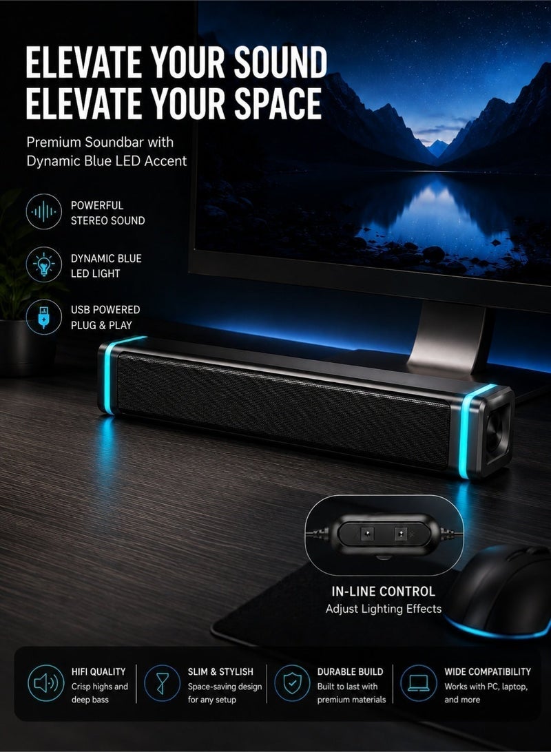 صدى مكبر صوت سلكي مطور يعمل بمنفذ USB على شكل قضيب مزين بإضاءة LED بلون أزرق جليدي، مزود بمحركي صوت ستيريو بقاعدة باس عميقة وصوت محيط عالي النقاء، يعمل فور التوصيل بدون إعدادات، متوافق مع أجهزة الكمبيوتر المكتبي والمحمول والشاشات والتلفزيونات الذكية، نظام صوت مسرح منزلي للألعاب والأفلام والموسيقى في الغرف والمكاتب - Image 4