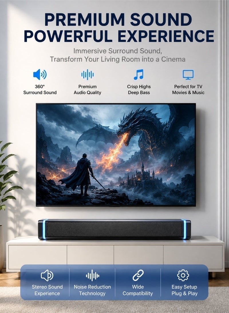 SADA Upgraded USB Wired Soundbar Speaker with Ice Blue LED Ambient Light, 2.0 Dual Driver Stereo Sound Bar with Powerful Deep Bass & HiFi Surround Audio, Plug and Play Desktop Multimedia Sound Speaker for PC Desktop Laptop Monitor Smart TV, Home Theater Audio System for Gaming Movie Music Entertainment - Image 2