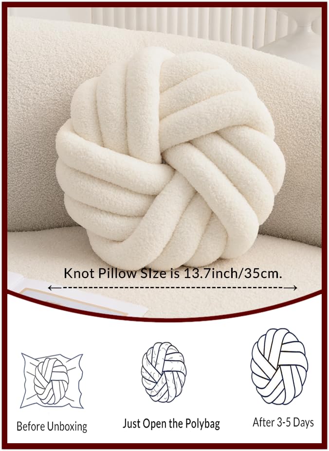 Vdoioe Cream White Knot Pillow 13.7'' Round Throw Pillow Soft Plush Knot Ball Pillow Handmade Knotted Pillow Modern Home Decorative Knotted Pillow Cushion for Bed Bedroom, Sofa, Couch - Image 5