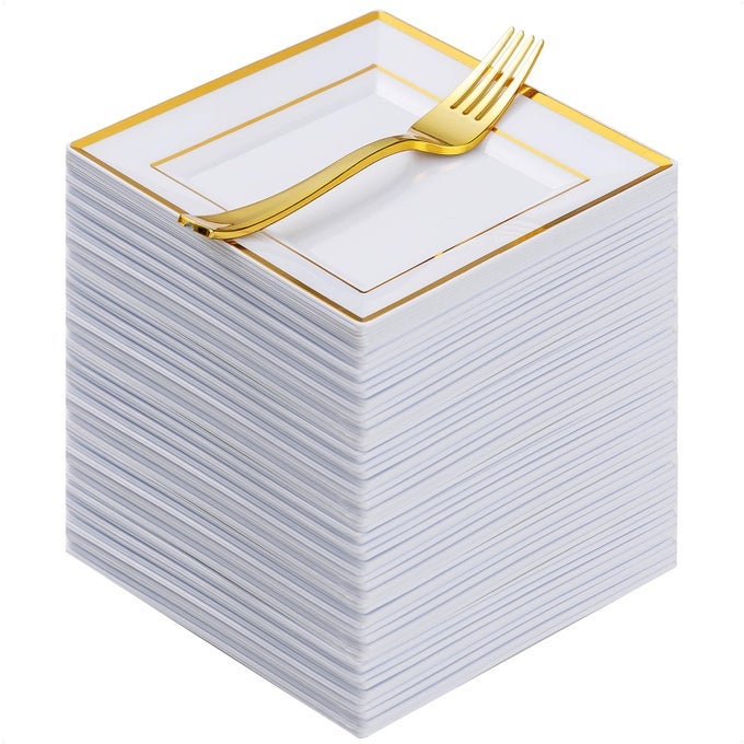 240 PIECES GOLD SQUARE PLASTIC PLATES WITH FORKS GOLD DESSERT PLATES FOR 120 GUESTS HEAVY DUTY DISPOSABLE PLATES FOR PARTY INCLUDING 120 65 PLASTIC PLATES AND 120 74 FORKS
