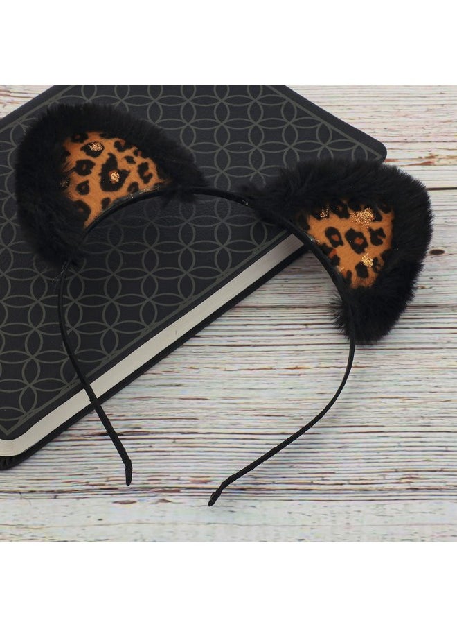 Lux Accessories Halloween Back Furry Leopard Print Cat Ears Fashion Headband  - Image 4