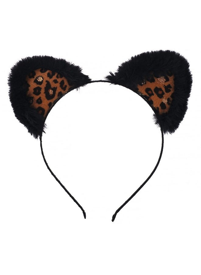 Lux Accessories Halloween Back Furry Leopard Print Cat Ears Fashion Headband  - Image 1