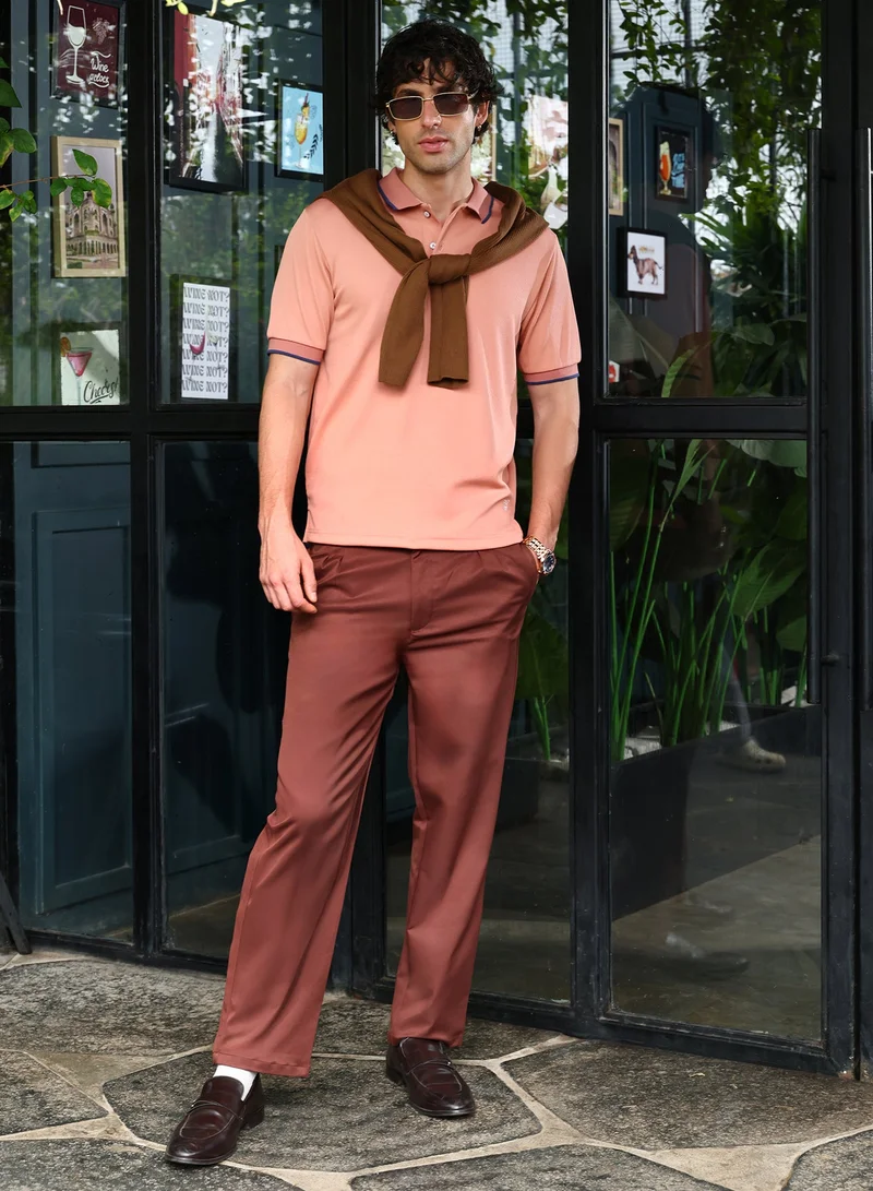 CAHOOT  Men's Peach Orange Contrast-Lined Ribbed Polo T-Shirt for Men | Best Price UAE