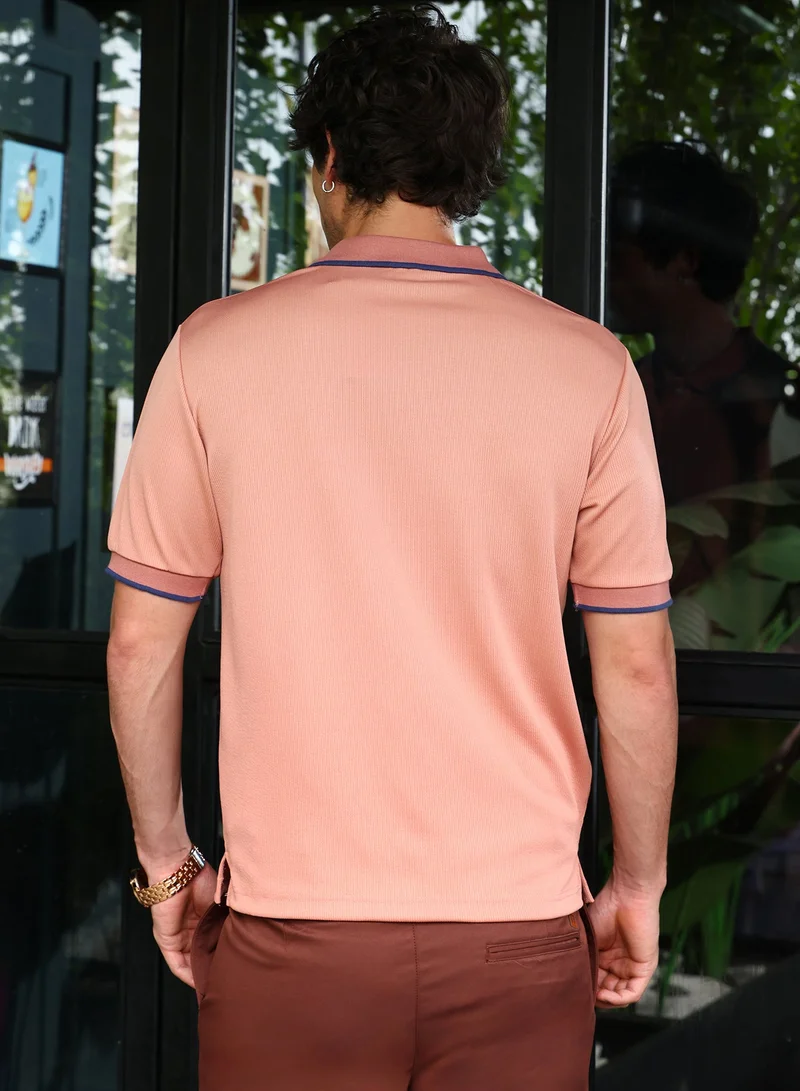 CAHOOT  Men's Peach Orange Contrast-Lined Ribbed Polo T-Shirt for Men | Best Price UAE