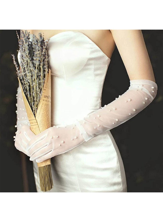 قفازات طويلة الأصابع مزينة باللؤلؤ من التول قفازات زفاف بيضاء من الدانتيل كلاسيكية بسيطة - Image 4