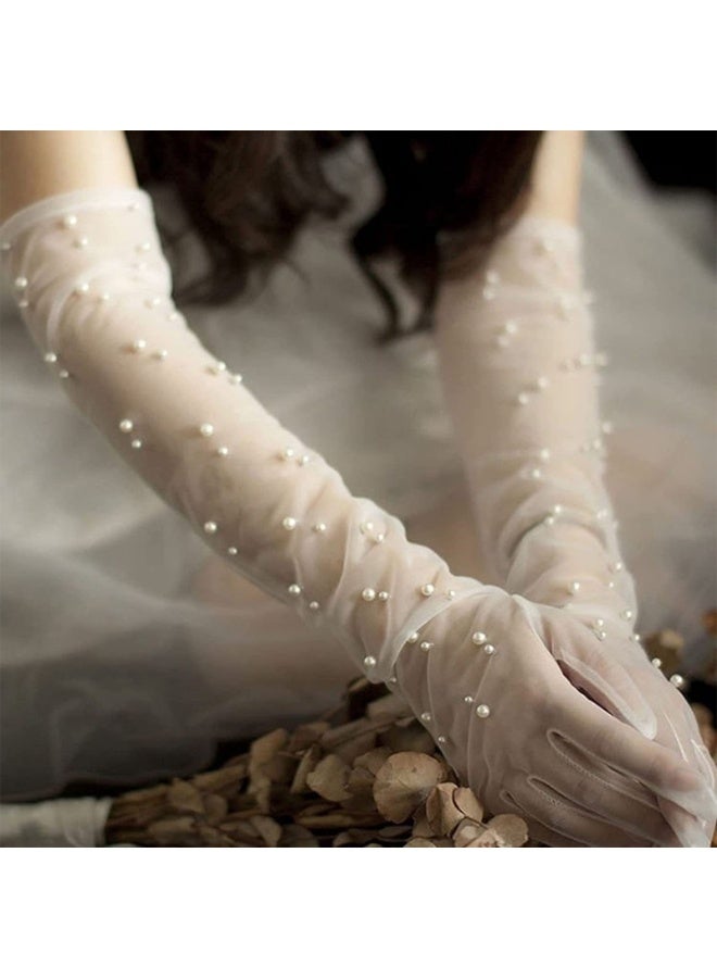 قفازات طويلة الأصابع مزينة باللؤلؤ من التول قفازات زفاف بيضاء من الدانتيل كلاسيكية بسيطة - Image 3