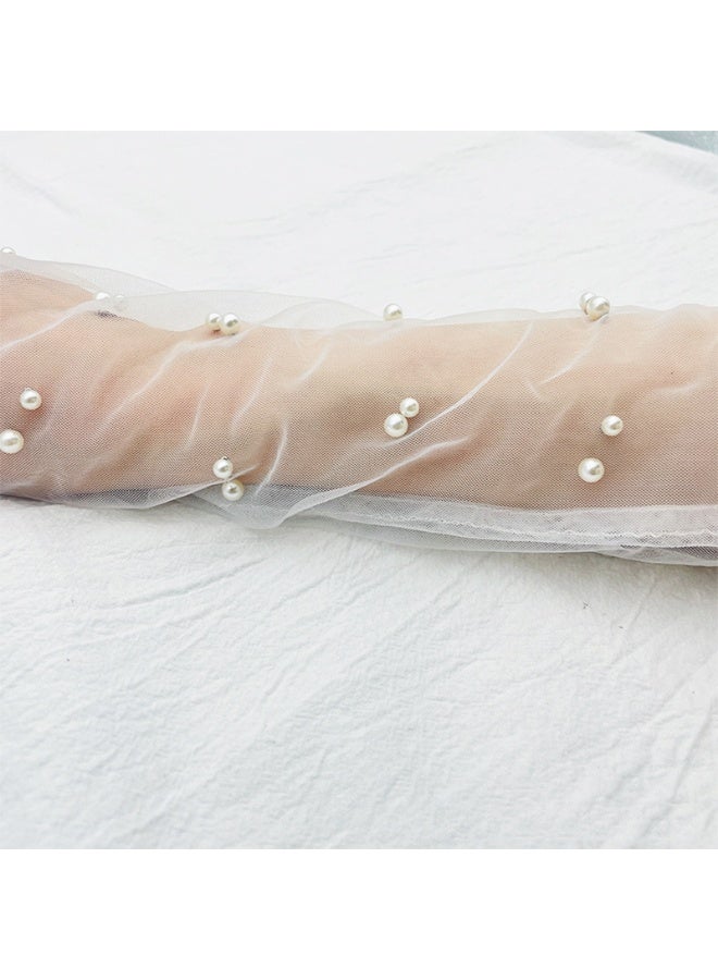 قفازات طويلة الأصابع مزينة باللؤلؤ من التول قفازات زفاف بيضاء من الدانتيل كلاسيكية بسيطة - Image 2