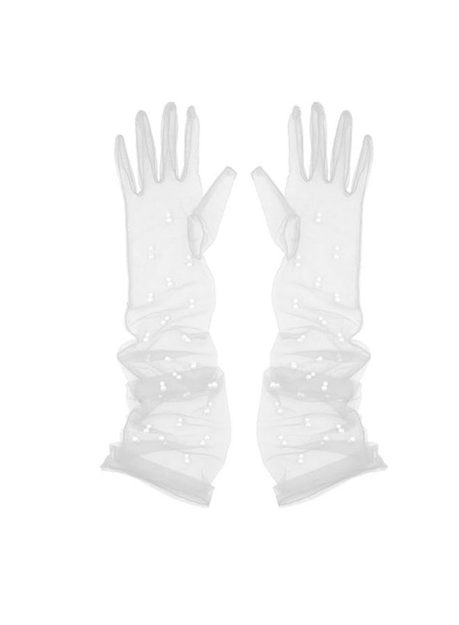 قفازات طويلة الأصابع مزينة باللؤلؤ من التول قفازات زفاف بيضاء من الدانتيل كلاسيكية بسيطة - Image 1