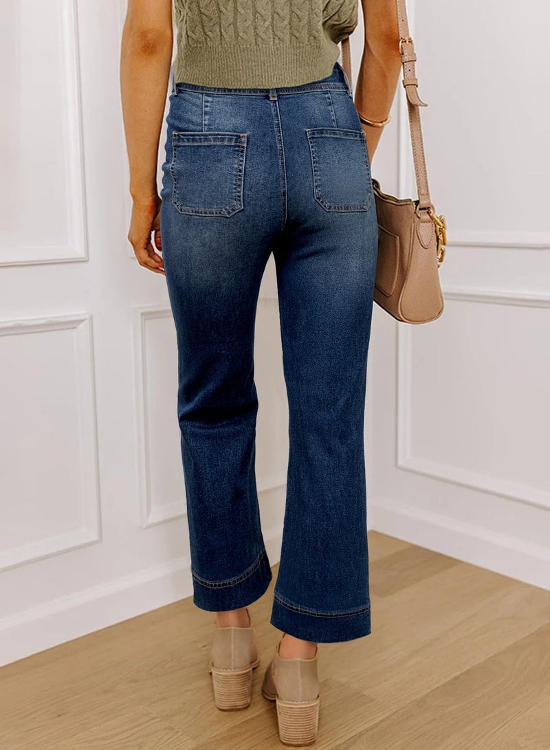 Shein SHEWIN Women Jeans High Waisted Wide Leg Jean Trendy Stretchy Ankle Denim Pants Straight Stretch Petite Cute Clothing Inseam 26 Inch, Size 10, Bluing - Image 3