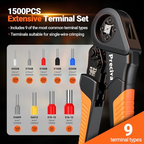 Preciva Ferrule Crimping Tool Kit - AWG 28-5 (0.08-16mm²) Self-Adjustable Ratchet Ferrule Terminals Crimping Tool, Quadrilateral Ferrule Crimper with 1500Pcs Ferrules Connectors - Image 4