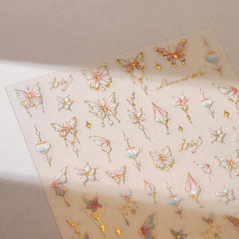 NBNTGH Butterfly Nail Art Stickers Flower Nails Decals with Gold Design Pink Floral Nail Sticker for Nails Art 5D Embossed Self Adhesive Nails Charms for Women Girls Manicure DIY Decoration - Image 4