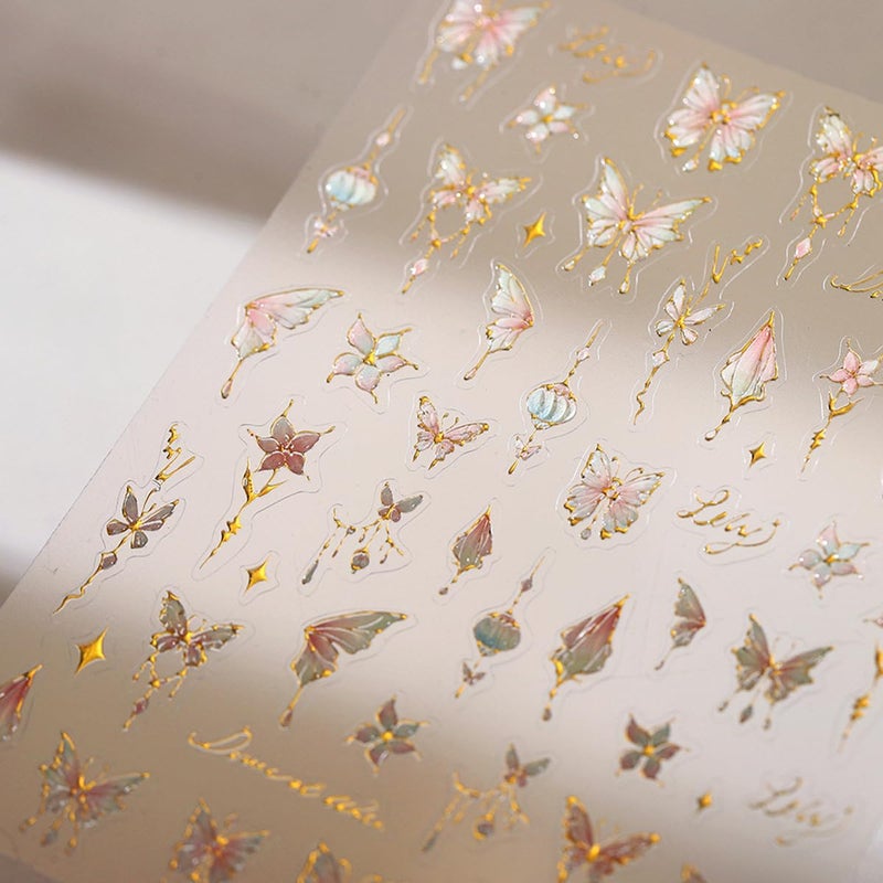 NBNTGH Butterfly Nail Art Stickers Flower Nails Decals with Gold Design Pink Floral Nail Sticker for Nails Art 5D Embossed Self Adhesive Nails Charms for Women Girls Manicure DIY Decoration - Image 5