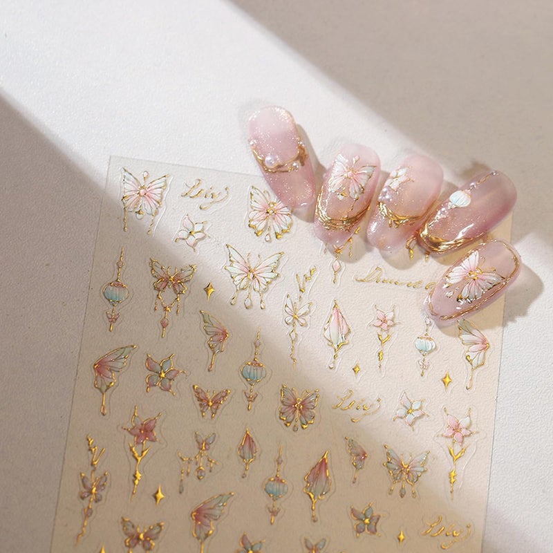 NBNTGH Butterfly Nail Art Stickers Flower Nails Decals with Gold Design Pink Floral Nail Sticker for Nails Art 5D Embossed Self Adhesive Nails Charms for Women Girls Manicure DIY Decoration - Image 3