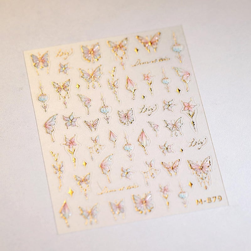 NBNTGH Butterfly Nail Art Stickers Flower Nails Decals with Gold Design Pink Floral Nail Sticker for Nails Art 5D Embossed Self Adhesive Nails Charms for Women Girls Manicure DIY Decoration - Image 2