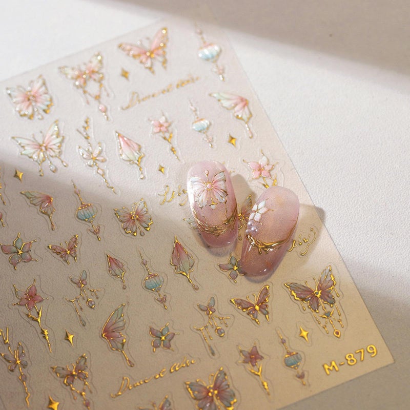 NBNTGH Butterfly Nail Art Stickers Flower Nails Decals with Gold Design Pink Floral Nail Sticker for Nails Art 5D Embossed Self Adhesive Nails Charms for Women Girls Manicure DIY Decoration - Image 1
