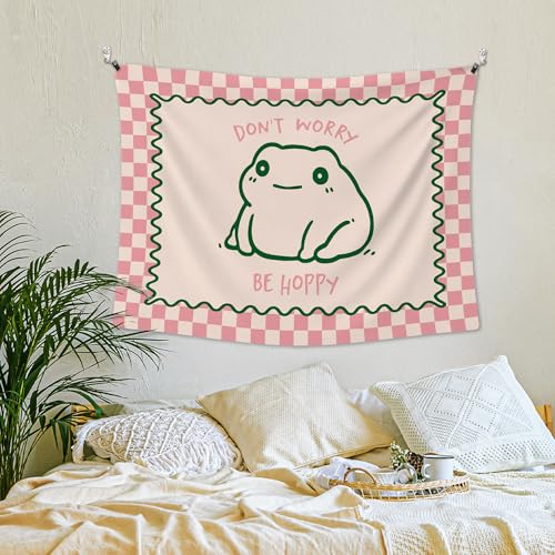 XLDLIOO Cute Funny Frog Classroom Tapestry, Don't Worry Be Hoppy Pink Checkered Wall Tapestry Hanging for Bedroom, Cute Frog Funny Tapestries Decor Art for Home Office Girly Room Dorm 40x30in - Image 3