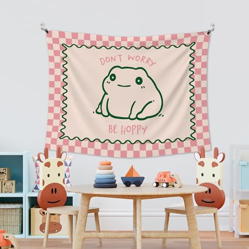 XLDLIOO Cute Funny Frog Classroom Tapestry, Don't Worry Be Hoppy Pink Checkered Wall Tapestry Hanging for Bedroom, Cute Frog Funny Tapestries Decor Art for Home Office Girly Room Dorm 40x30in - Image 4