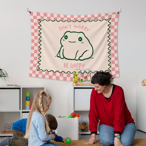 XLDLIOO Cute Funny Frog Classroom Tapestry, Don't Worry Be Hoppy Pink Checkered Wall Tapestry Hanging for Bedroom, Cute Frog Funny Tapestries Decor Art for Home Office Girly Room Dorm 40x30in - Image 5