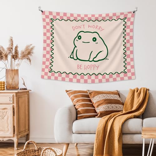 XLDLIOO Cute Funny Frog Classroom Tapestry, Don't Worry Be Hoppy Pink Checkered Wall Tapestry Hanging for Bedroom, Cute Frog Funny Tapestries Decor Art for Home Office Girly Room Dorm 40x30in - Image 2